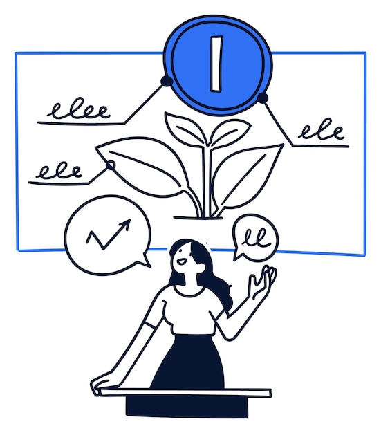 Vettore donna che presenta la strategia di crescita con infografiche