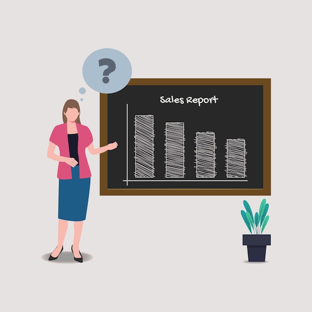 Женщина представляет отчет о продажах, векторная иллюстрация отчета о снижении продаж