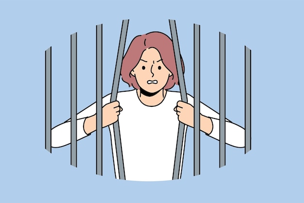 Вектор Женщина-заключенная ломает решетку, желая быть освобожденной из плена за концептуальную борьбу с дискриминацией и ограничениями девушка-заключенная пытается сбежать из тюрьмы, чтобы избежать наказания за преступления