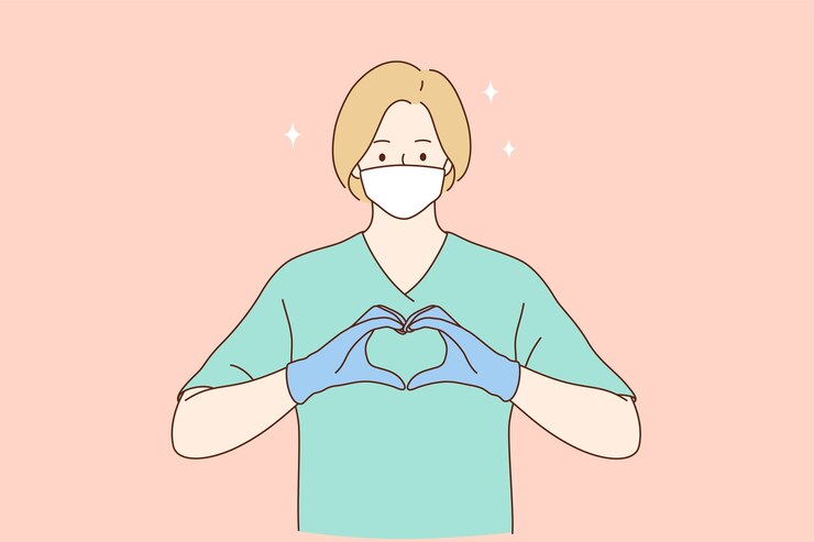 Vector 여성 전문 의료진 또는 간호사가 얼굴 보호 마스크