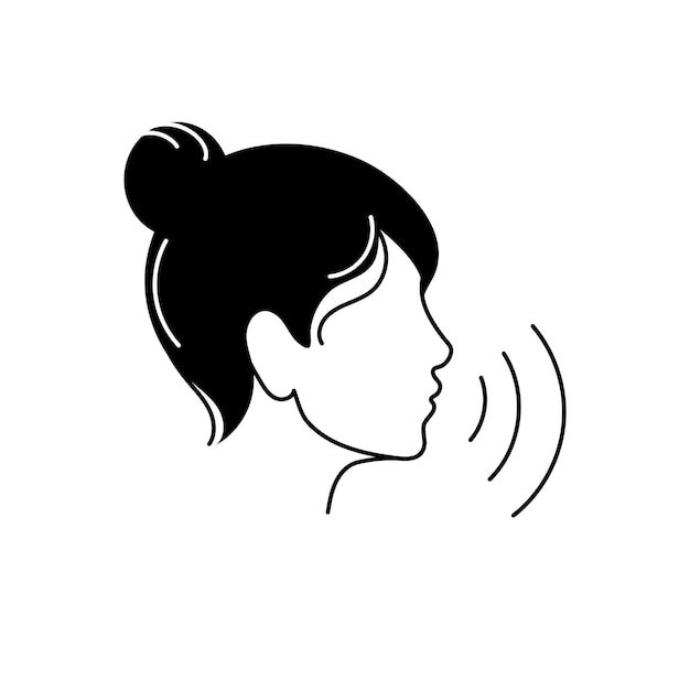 Woman profile icon with voice waves symbol of podcast or audiobook with female head audio translator