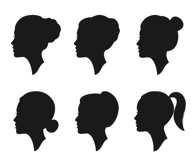 Силуэт женского профиля с разными прическами. женский портрет. красивое женское лицо в профиль.