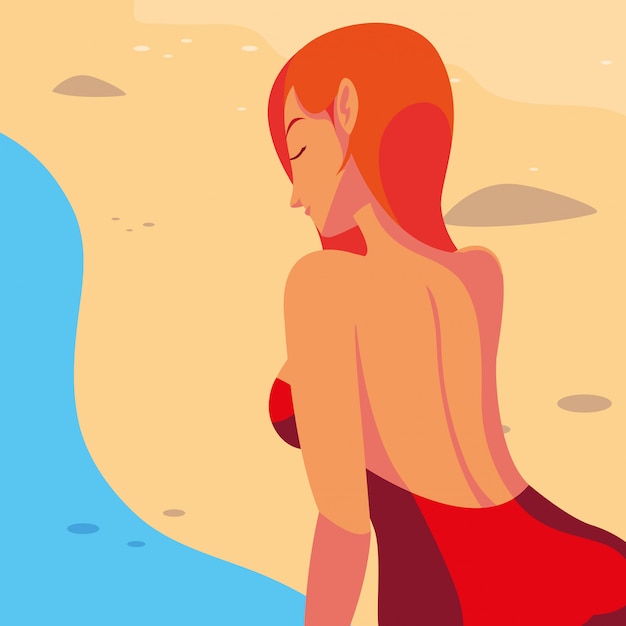ビーチで水着を持つプロファイルの女性