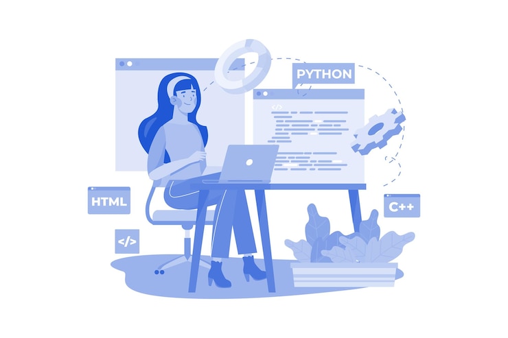 Vector woman programming on a laptop