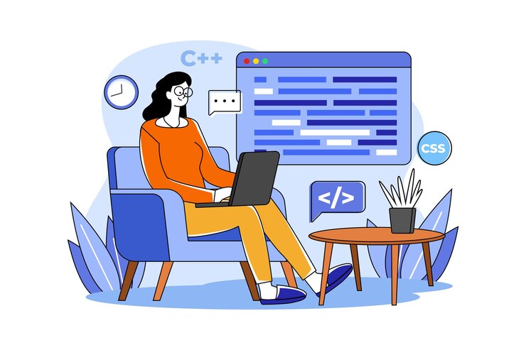 Vector woman programming on a laptop