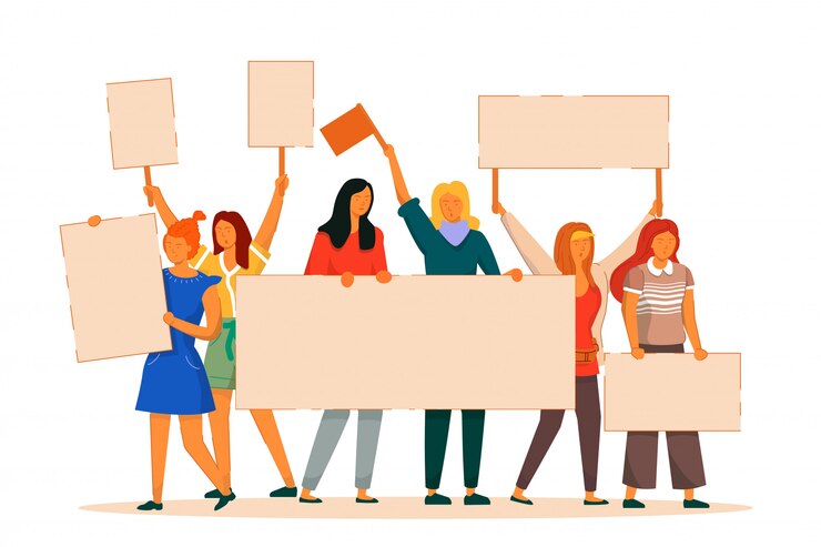 Vector woman protester. vector activist feminist struggle for freedom, independence, equality. girl protester with empty placard stand isolated. international woman day illustration