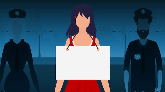 A woman protests with a banner against the backdrop of the city The concept of expressing thoughts dissatisfaction and protests Vector illustration