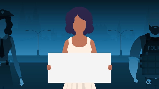 A woman protests with a banner against the backdrop of the city The concept of expressing thoughts dissatisfaction and protests Vector illustration