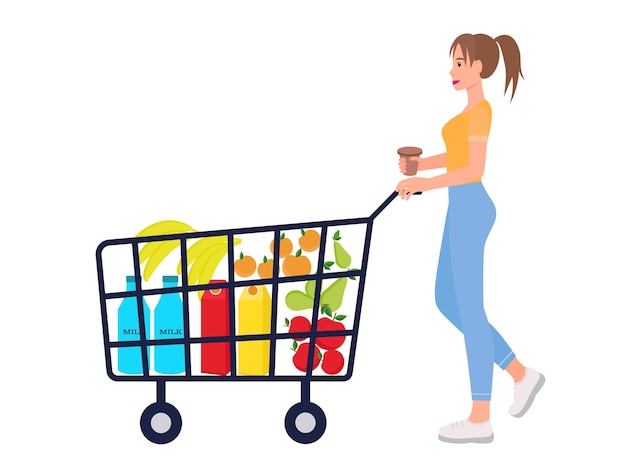 Woman pushing cart with groceries Girl makes purchases in store