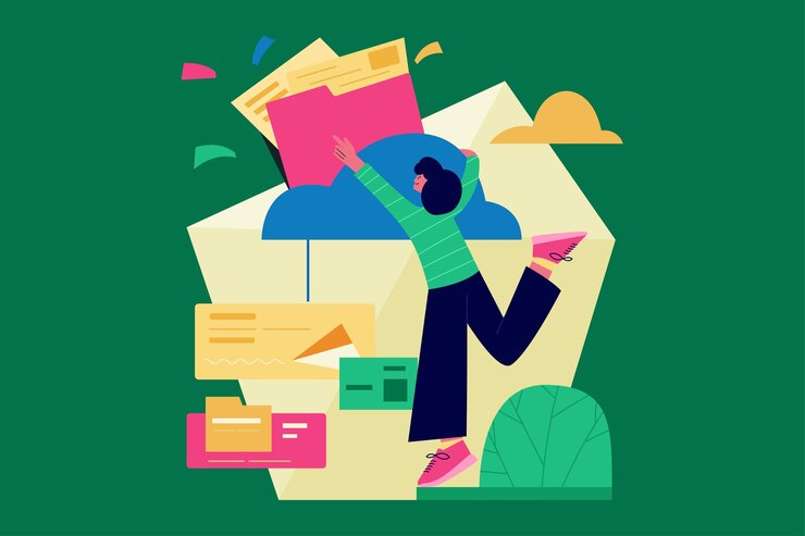 Vector woman put document file folder in cloud storage flat illustration