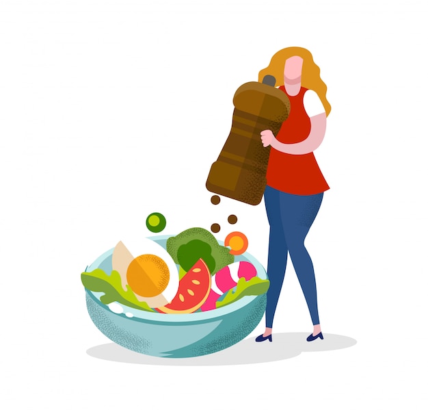 Vector woman put pepper spice in salad, girl cooking