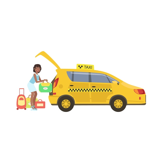 Woman Putting Her Luggage In The Trunk Of Yellow Taxi Car