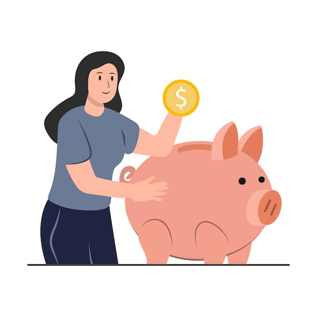 Woman putting money into piggy bank concept ofinvestment financial literacy saving or income Flat vector illustration