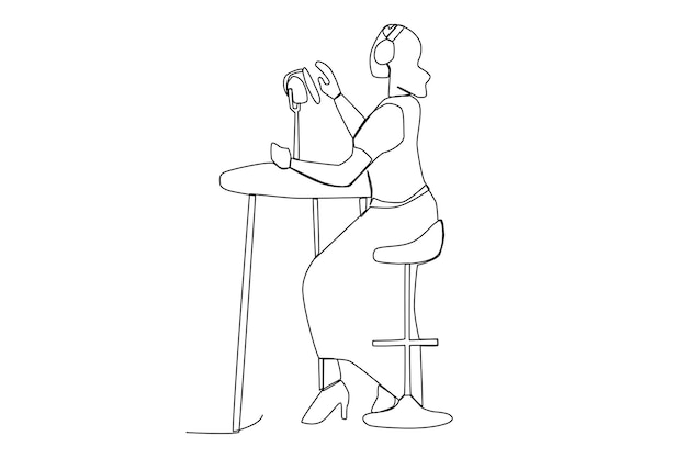 A woman radio broadcaster with a laptop talking on a talk show one line art