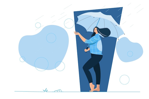 Женщина под дождем держит зонтик в плоской иллюстрации сезона муссонов