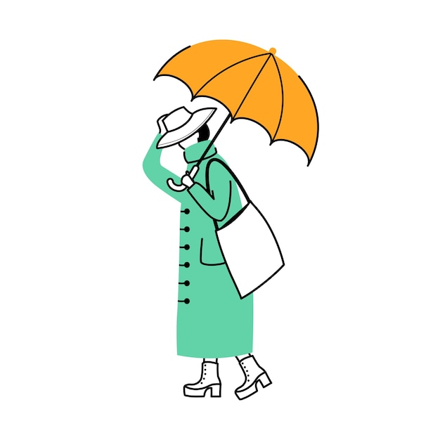 Woman in raincoat flat contour illustration. Walking caucasian lady in hat. Rainy day. Female with umbrella isolated cartoon outline character on white background. Madam on heels simple drawing