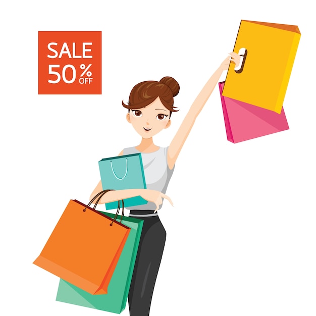 Vector woman raises her arm, hanging shopping bags