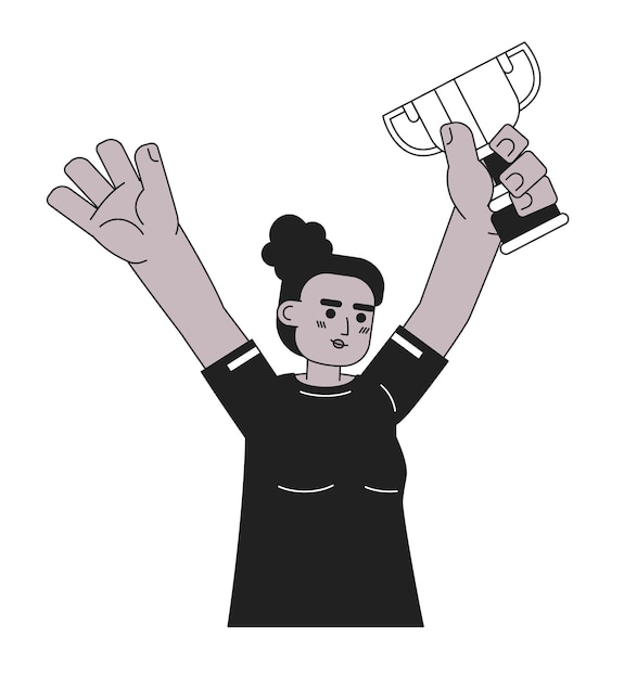 Вектор Женщина, поднимающая чашку монохроматический плоский векторный персонаж спортсменка, празднующая победу коллега по команде, выигрывающая редактируемая тонкая линия половина тела человека на белом простое изображение мультфильма bw для веб-дизайна