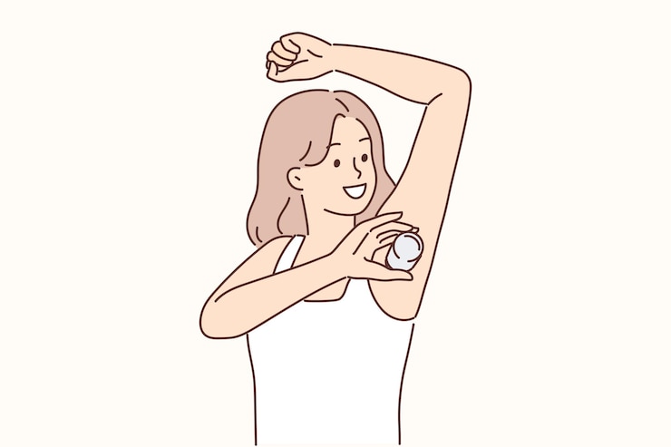 Vector woman raising hand using deodorant during morning hygiene routine to avoid sweat and odor