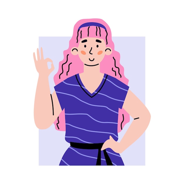 Vector woman raising her hand with ok gesture cartoon illustration