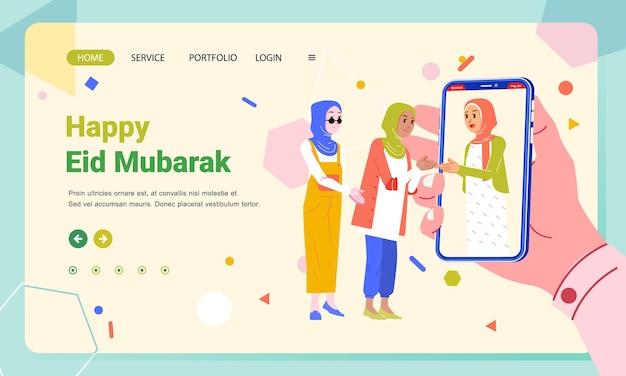Woman Ramadhan greeting video call forgive each other via smartphone landing page banner