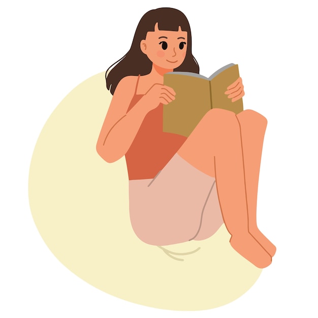 ビーンバッグのイラストの上に座って本を読む女性