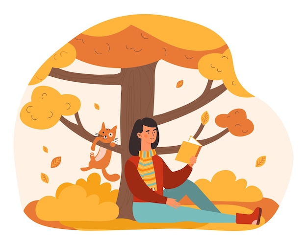 Vector woman reading under autumn tree beautiful time of year character with book in his hands sits on