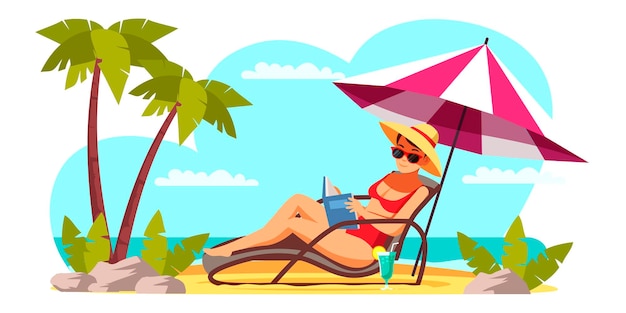 Woman reading book on beach vacation young girl in swimsuit and glasses lies on sun lounger under an umbrella recreation at sea tropical resort weekend