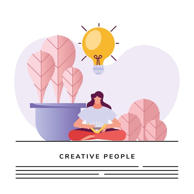 Vector woman reading book and bulb creative character illustration design