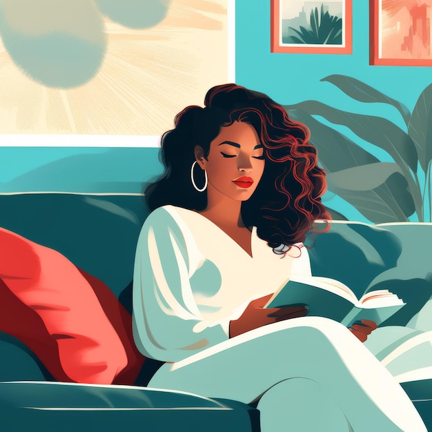Vector a woman reading a book on a couch with a palm tree in the background