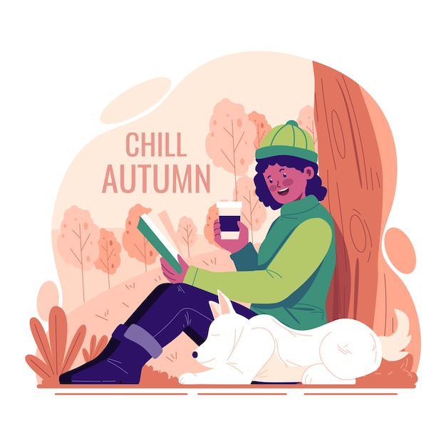 A woman reading book and drinking coffee in autumn