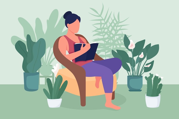 женщина, читающая книгу плоские цветные рисунки. девушка сидит в кресле среди комнатных растений