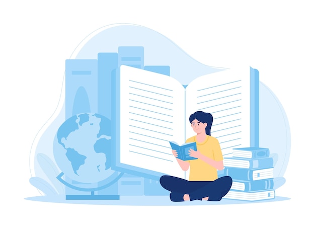 A woman reading a book and a globe trending concept flat illustration