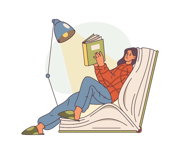 Vector woman reading book at home under lamp