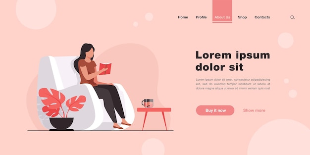 Vector woman reading book at home. student girl sitting in armchair with cup of tea and textbook. landing page in flat style