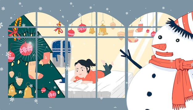 Vector woman reading a book at home with a snowman and christmas decorations