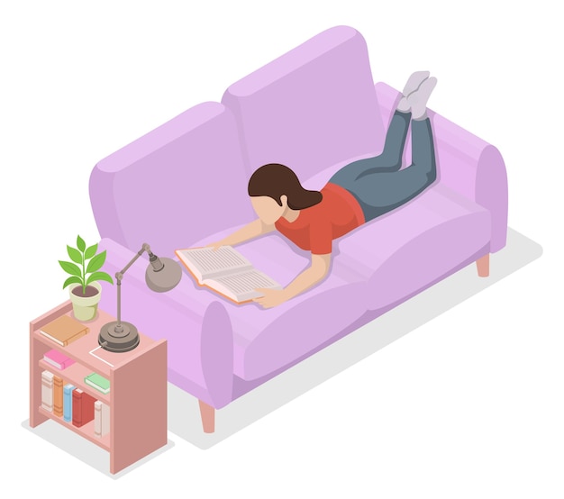 Woman reading a book lying on her stomach on a cozy sofa isometric vector illustration.