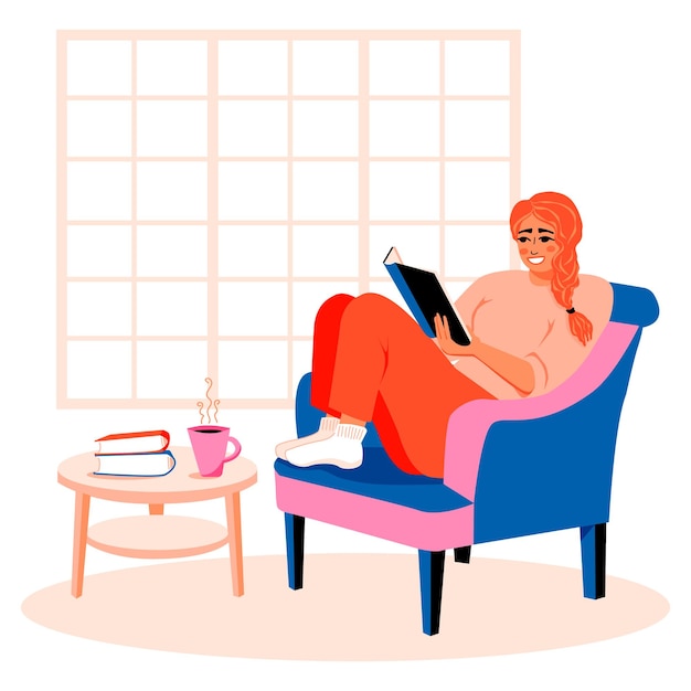 Vector woman reading a book resting in armchair