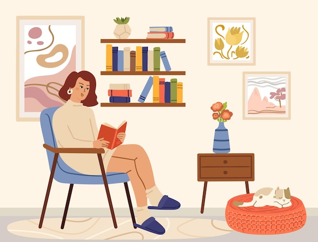 Woman reading book Scandinavian interior books read and relaxing Cozy living room girl sitting in chair and cat vector card