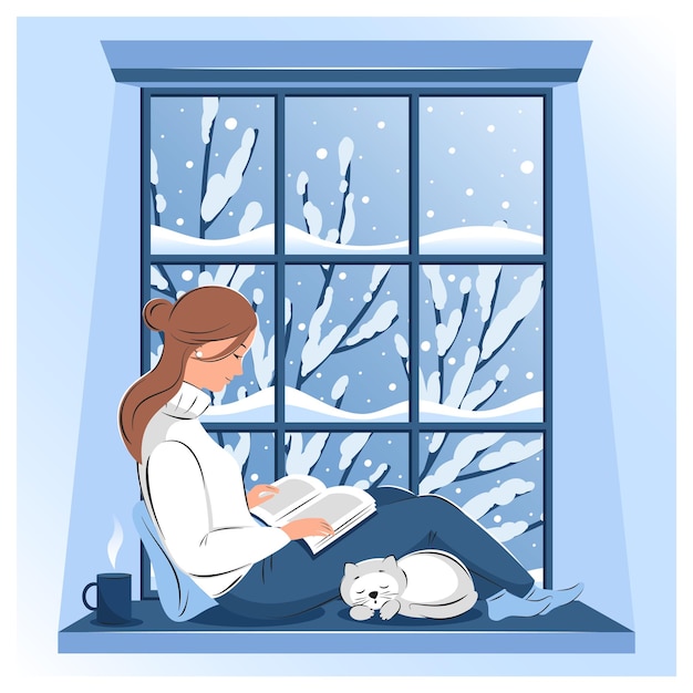 Vector woman reading book and sitting at the winter window