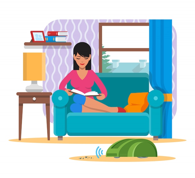 Libro di lettura della donna sul sofà mentre il robot domestico dell'aspirapolvere pulisce una stanza. illustrazione di concetto di tecnologia di robotica
