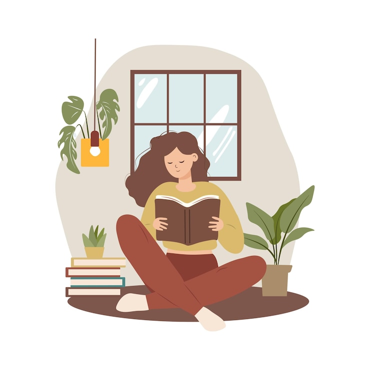 Vector woman reading book while sitting flat style
