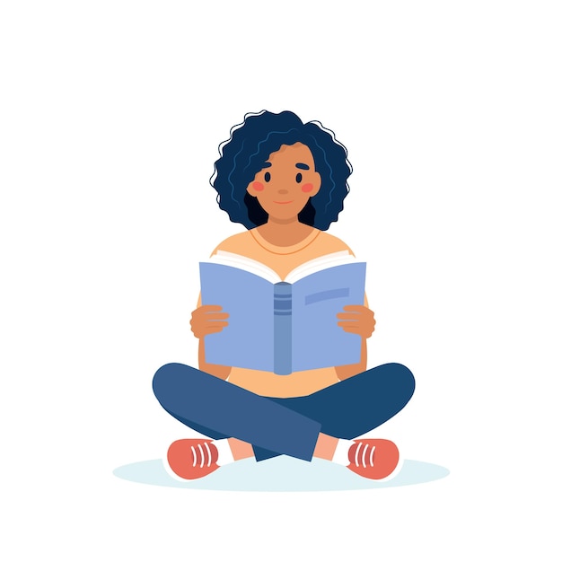 Женщина читает книгу сидя концепции дня обучения и грамотности