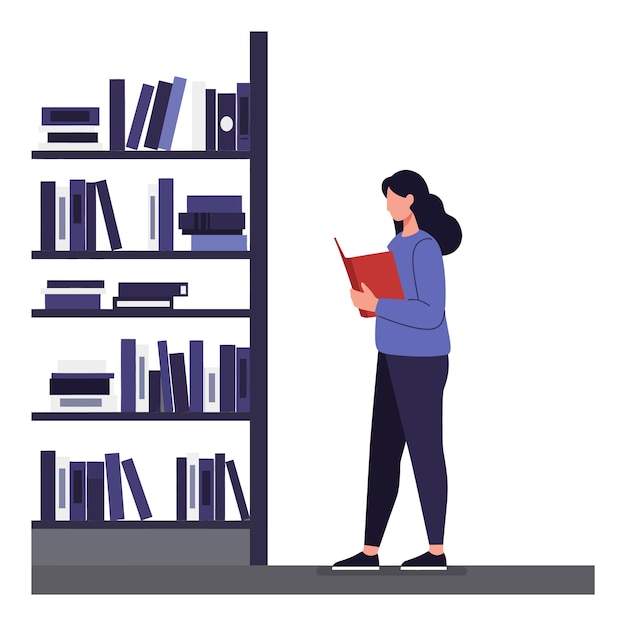 Woman reading a book while standing next to a tall bookshelf with various books