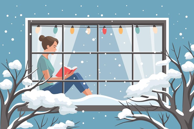 Vector woman reading book at the winter window new year and christmas background cozy winter illustration
