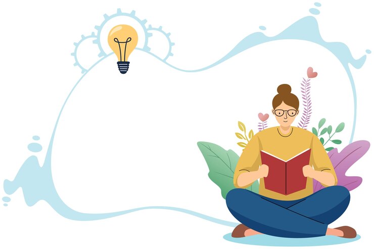 Vector woman reading a book with a lightbulb idea