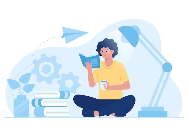 woman reading a book with a study lamp trending concept flat illustration