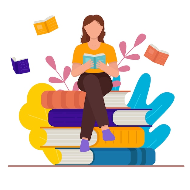 Женщина читает книгу. Женщина, сидящая на книгах