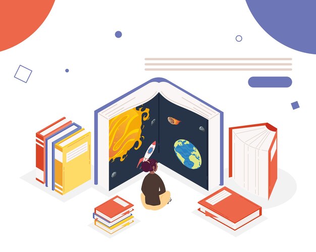 Woman reading books of universe library ,book day celebration illustration design