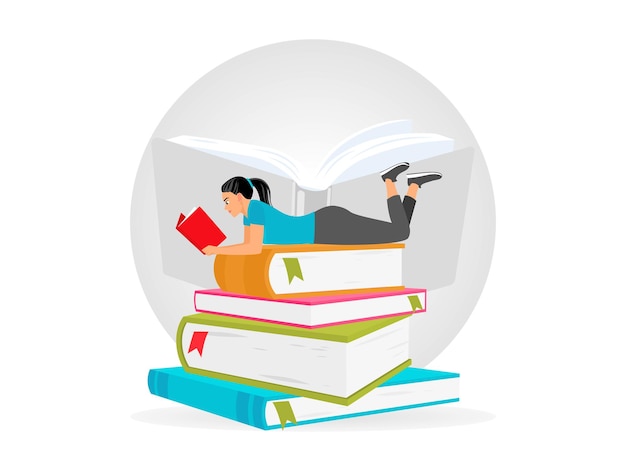 Woman Reading on Giant Book Stack with Open Book Background